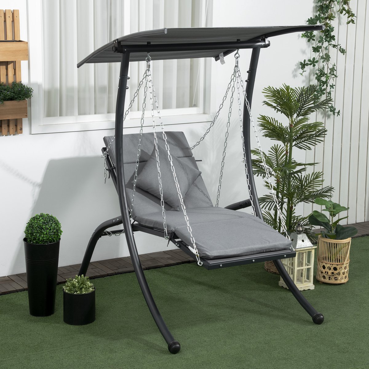 Schommelbank Met Kussen En Verstelbaar Zonnescherm 108 X 145 X 169 Cm Metaal Donkergrijs Voor Tuin En Terras