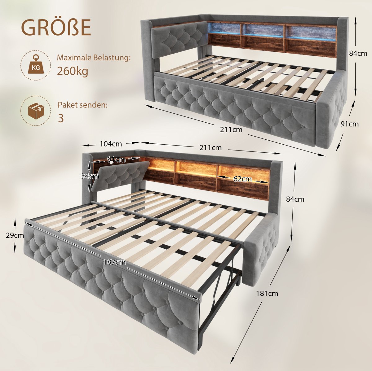 Slaapbank 90x190 cm – Uitschuifbaar Bed met LED Verlichting, USB en Type-C – Opbergruimte – Lattenbodem – Fluweel – Donkergrijs – Zonder Matras