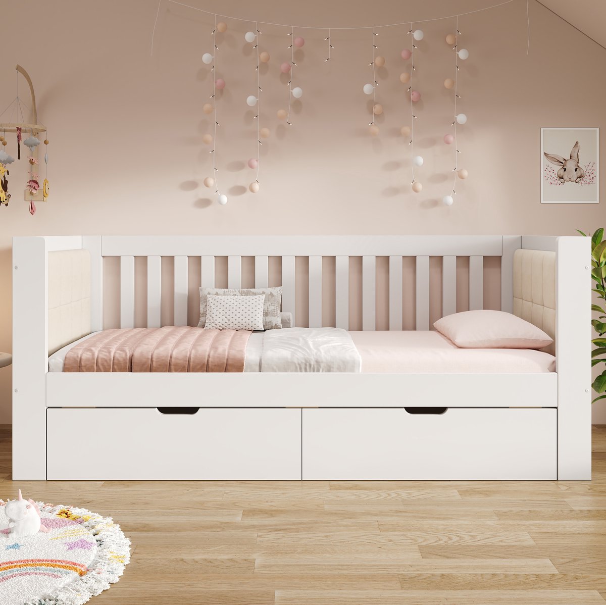 REDOM - Bedbank - Uitschuifbed met lattenbodem - Driezijdige rugleuning - Rollen met rem - Hout - Wit - 201 x 95 x 74 cm