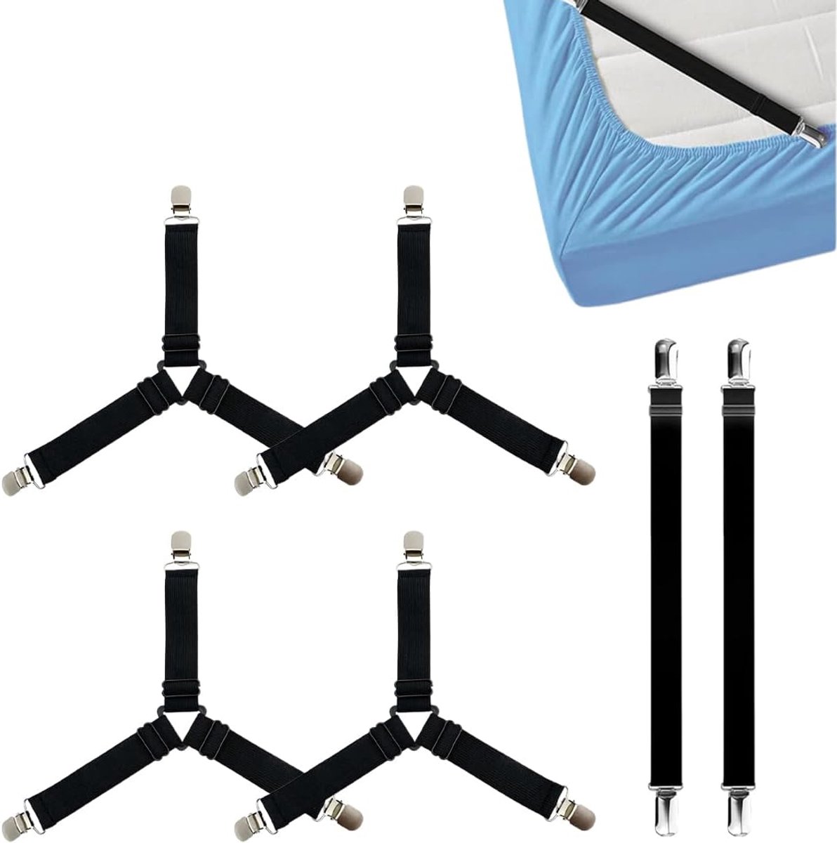 Beddenspanbanden set van 4 - Triangulaire clips - Elastische banden met metalen clip - Houdt beddengoed op zijn plaats - ShopVlot