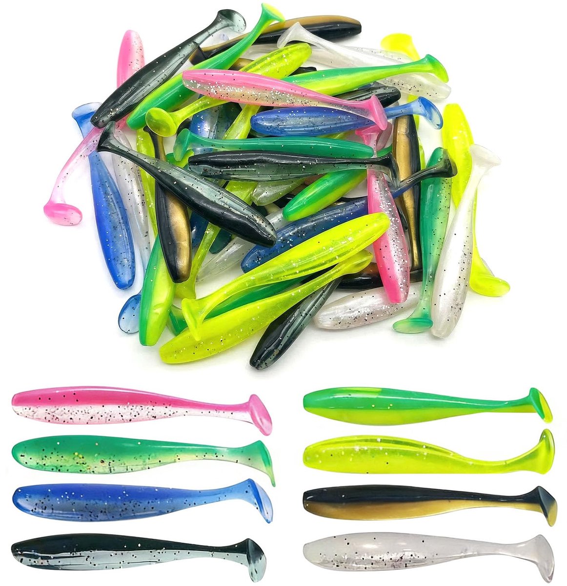 Set van 50 Rubber Vissen Baits 7.5cm Met Reflecterende Sequins, Zwem Bait Kit en Verborgen Haakslots voor Snoek, Zander en Forel