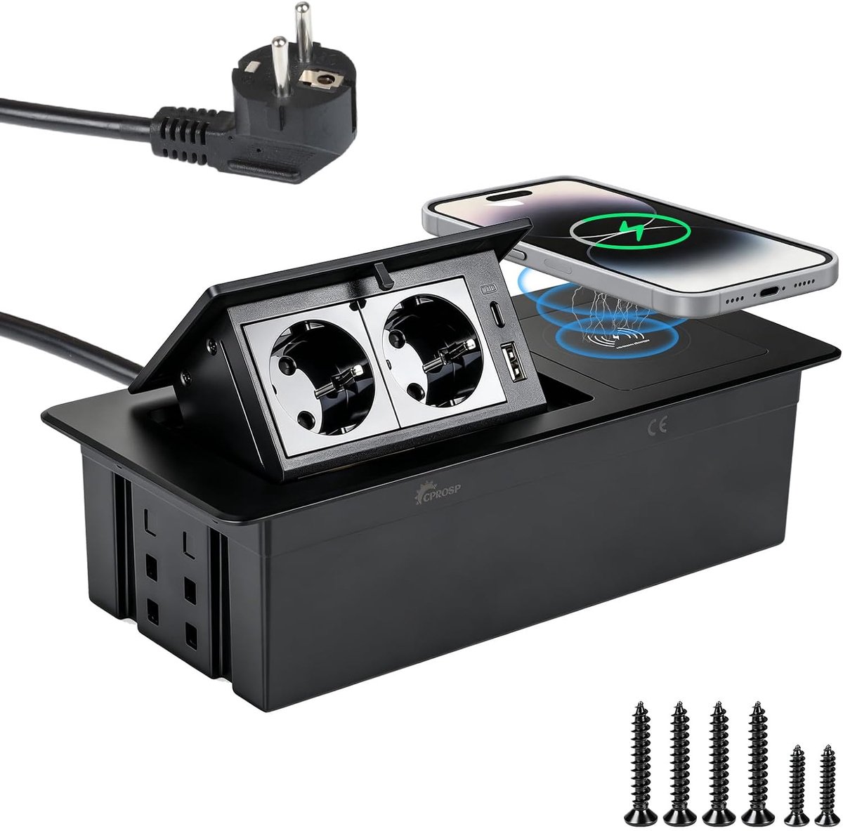 Inbouwstopcontact 2-voudig - met draadloze lading - USB-C & USB-A - ideaal voor bureau en keuken - ShopVlot