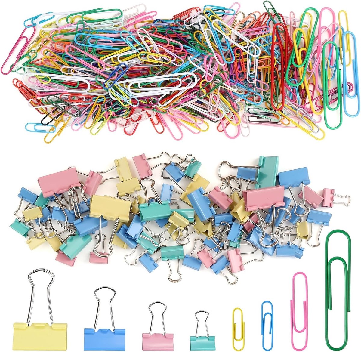 Kantoorset met Paperclips en Foldback Klemmen - Kleurrijk - 410 Stuks - Metalen Klemmen voor Kantoor en School