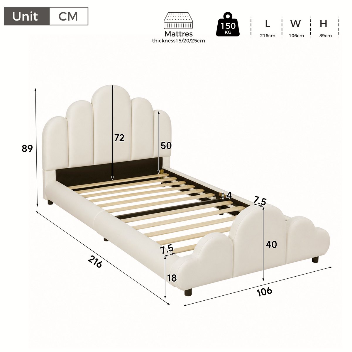 OKWISH Bed 90x200 cm - Kinderbed Met Gewatteerd Hoofdbord en Afgeronde Hoeken - Met Lattenbodem - Zonder Matras - Stof - Beige