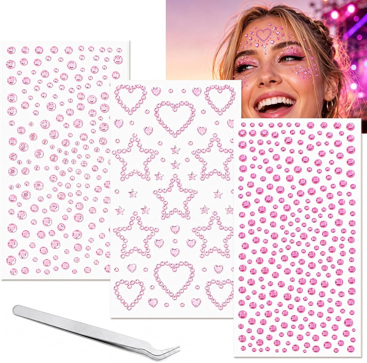 Face Gems set - roze strass sterren en harten - zelfklevend - creatieve make-up voor festivals - ShopVlot