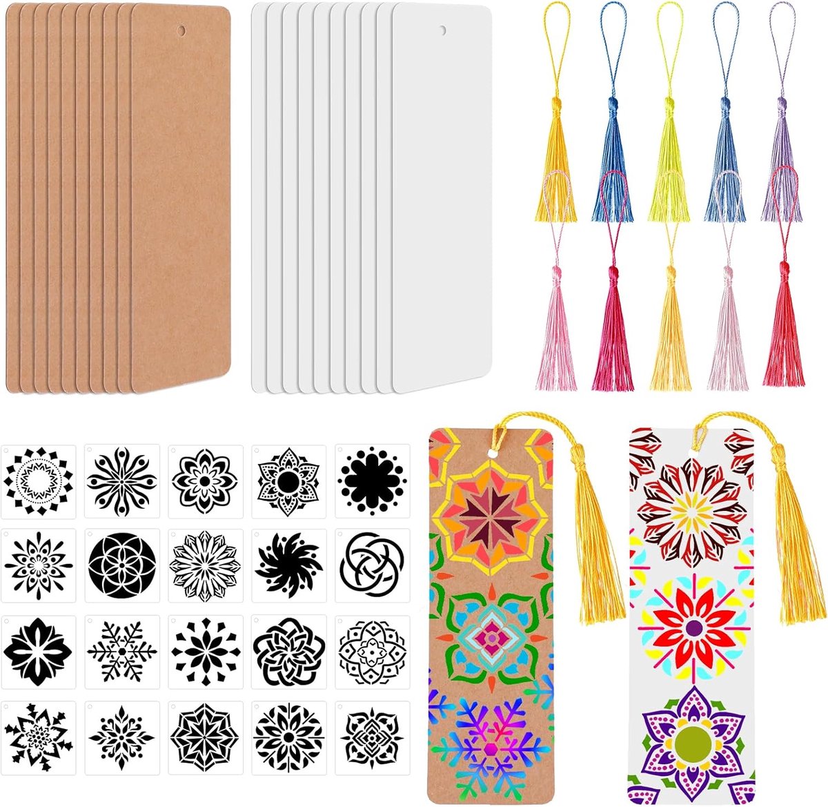 Boekenleggers set - ongeverfd karton - 20 blanke labels en mandala sjablonen - perfect voor DIY knutselen - ShopVlot