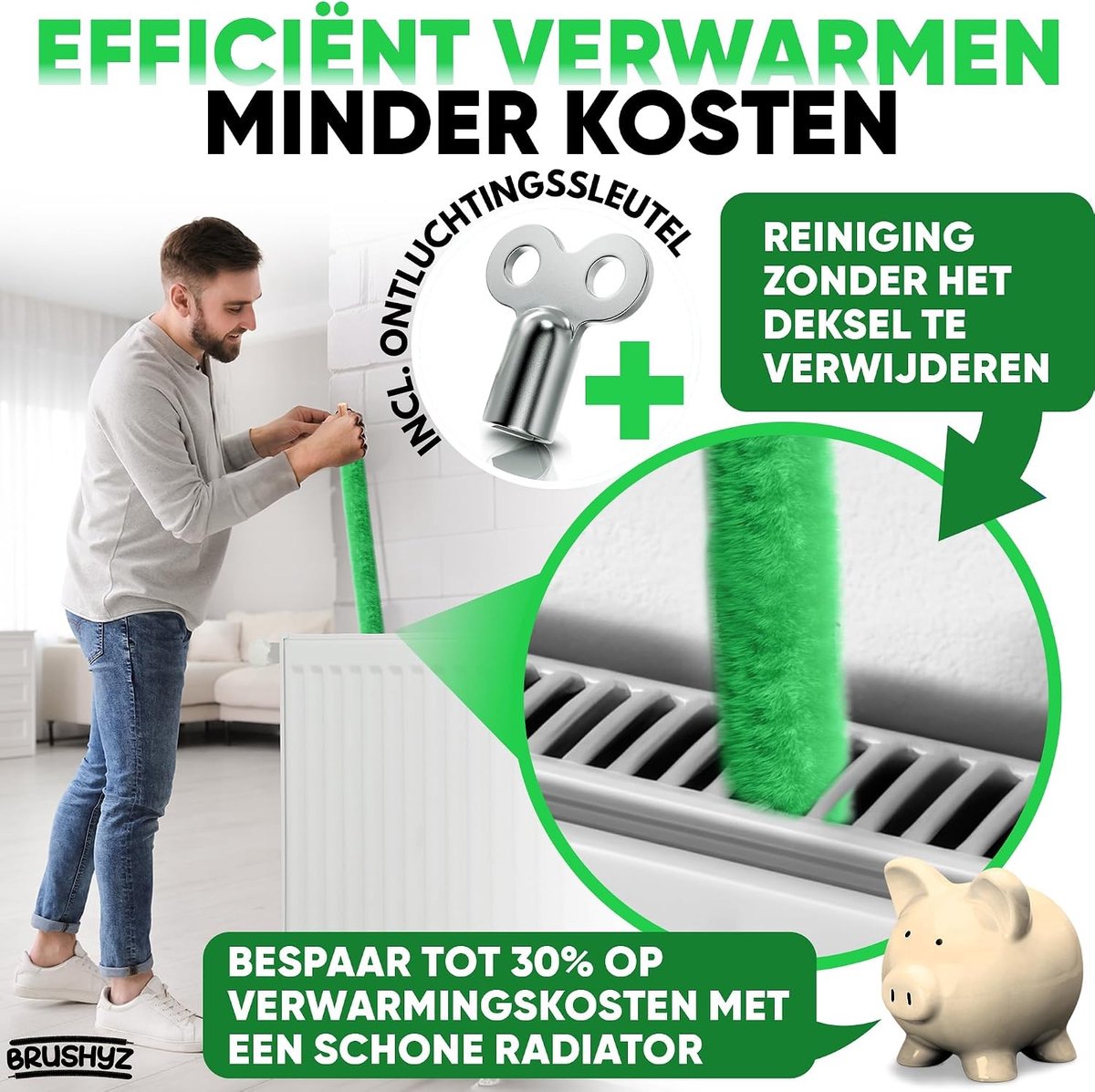 Radiatorborstel - Groen - 115 cm - Flexibele Microvezel Reinigingsborstel - Voor Verbetering van Luchtkwaliteit
