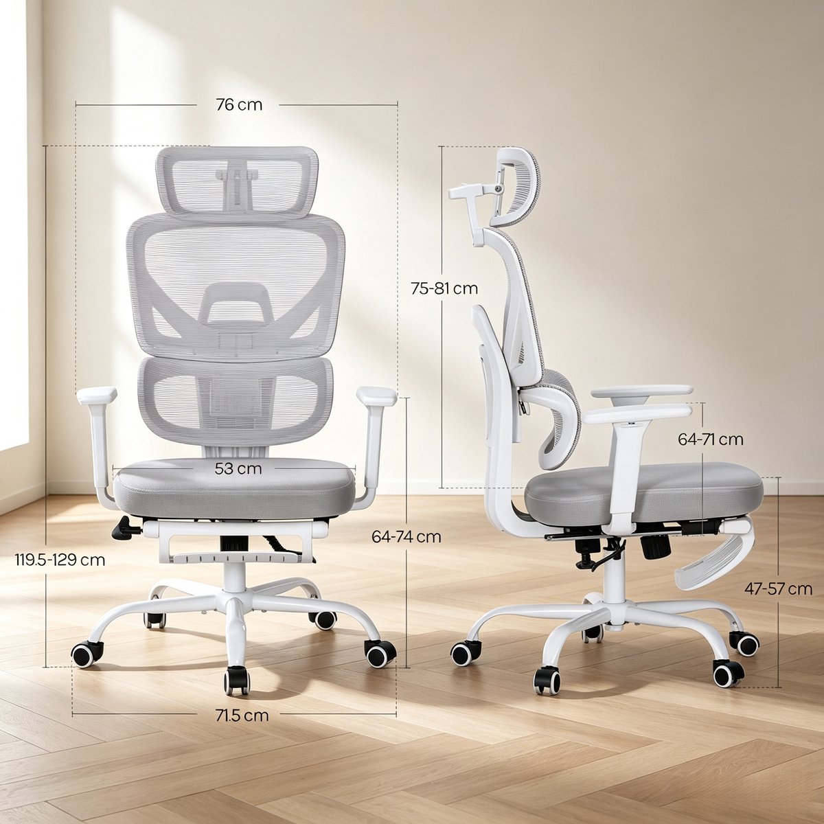 OKWISH Bureaustoel 76 x 71,5 x 129 cm - Ergonomisch Met 3D Armleuningen, Hoofdsteun En Voetsteun - Voor Homeoffice En Gaming - Mesh En Metaal - Grijs