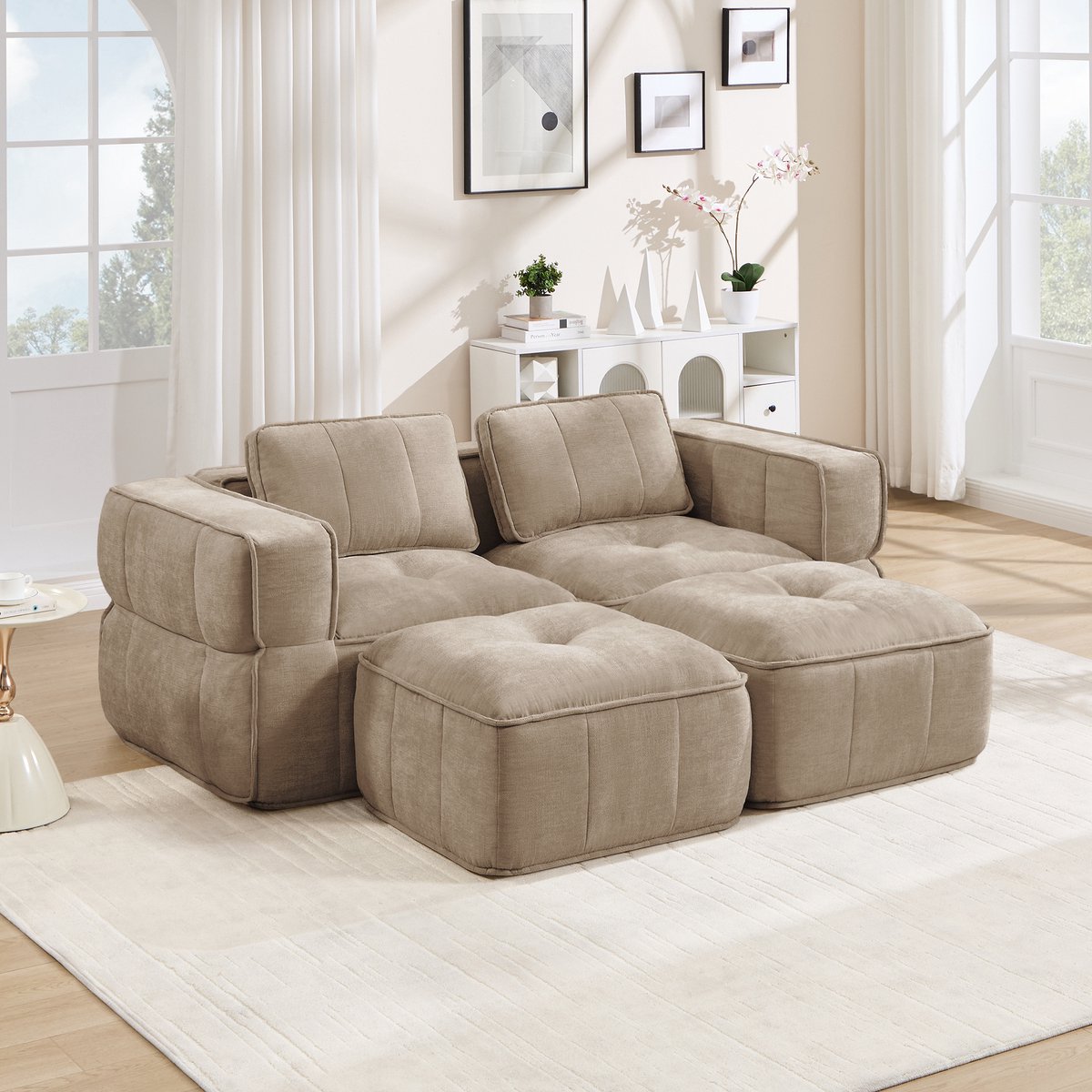 OKWISH Zitbank 2-Zits Met 2 Hockers - Modulair Met 32D Schuim En Diepe Zitting - Voor Woonkamer En Appartement - Polyester - Sand