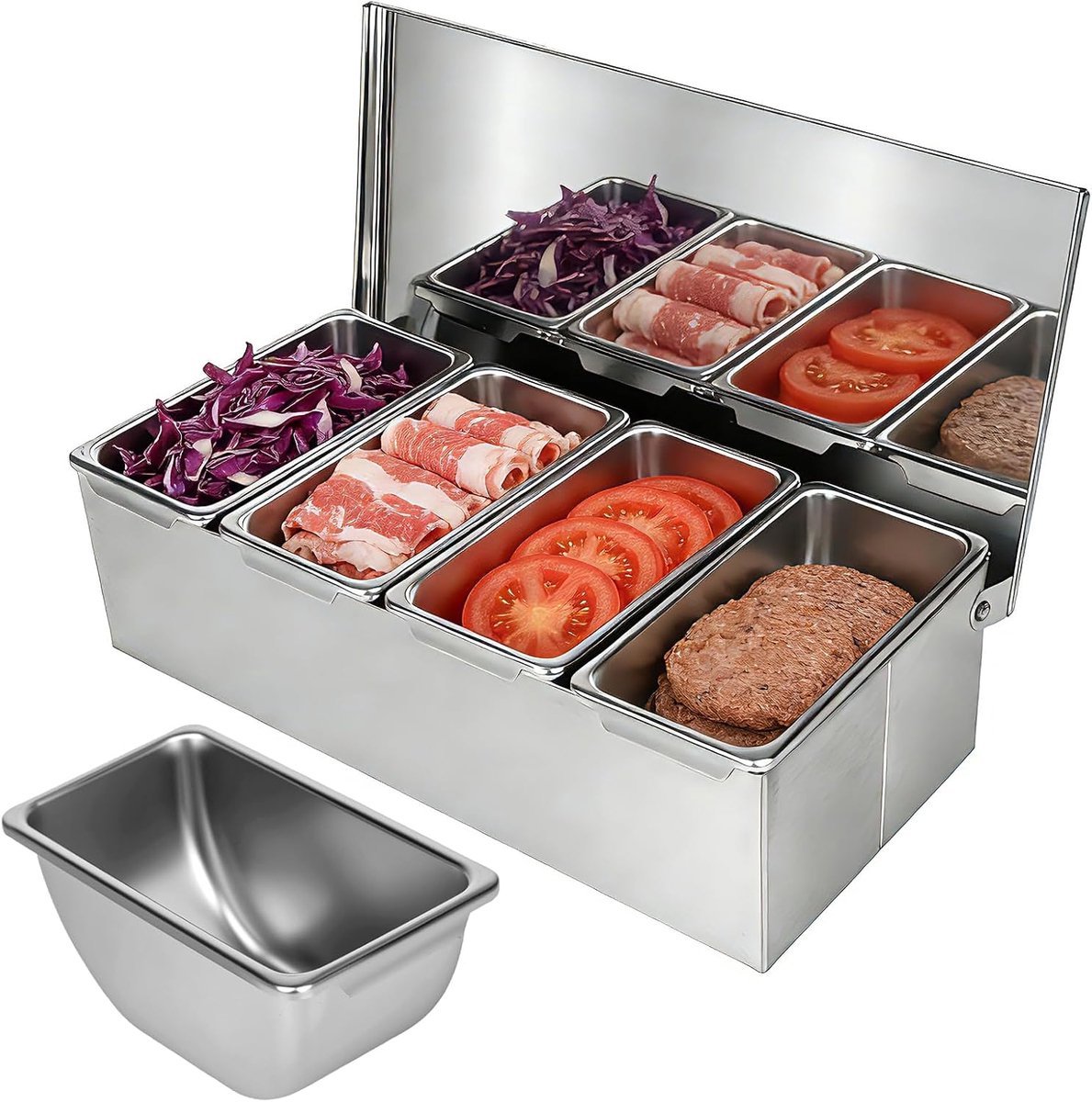 Multi-purpose container met lepel - 304 roestvrij staal - 4 compartimenten - ideaal voor pizza en salades - ShopVlot