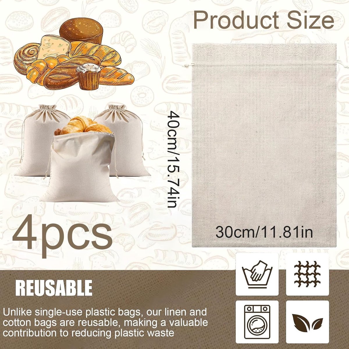 Linnen broodzakken set van 4 - Herbruikbare linnen tassen - 30x40 cm - Ideaal voor brood en groenten - ShopVlot