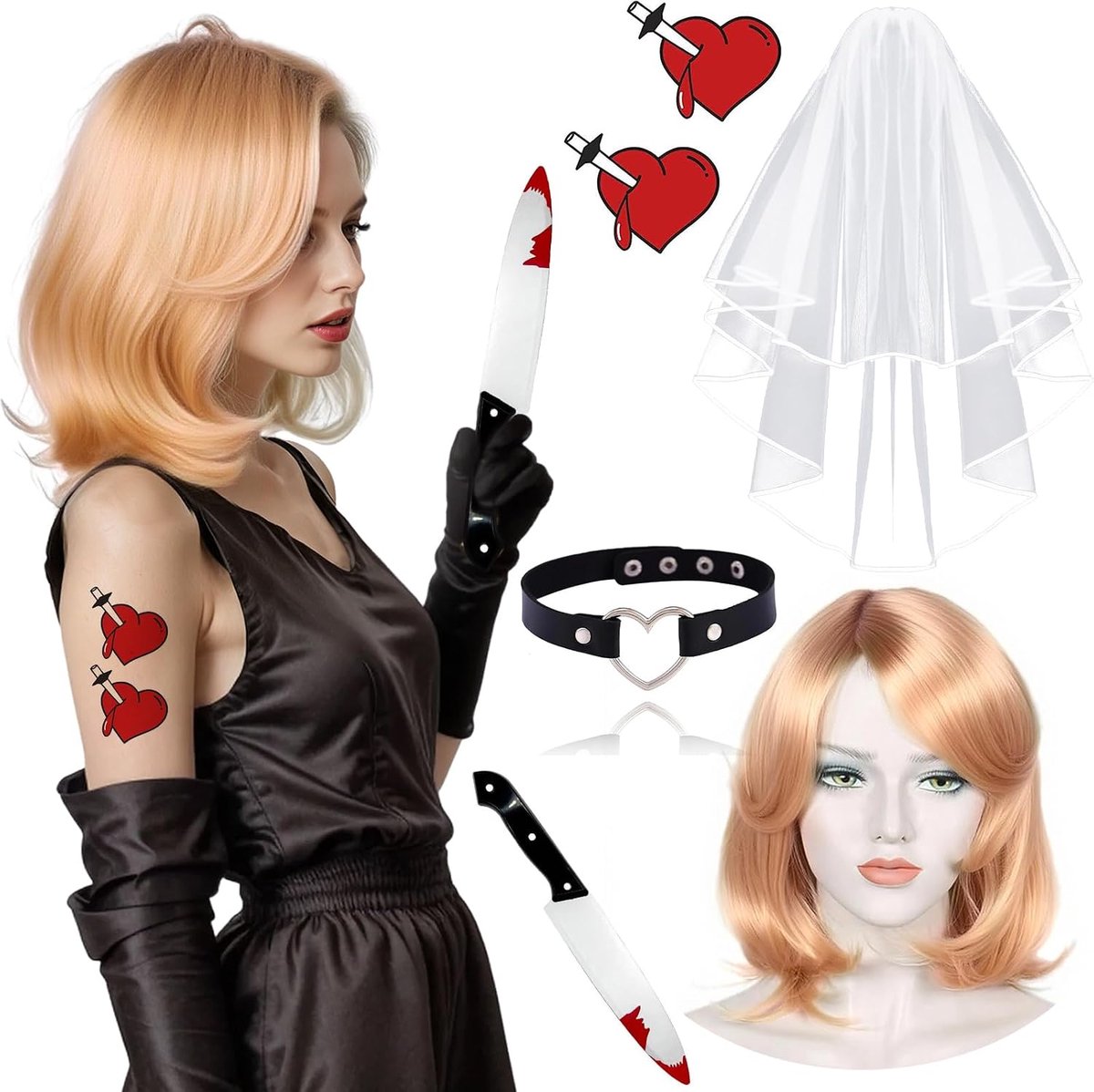 Halloween Horror Bride Costume for Women with 5 Piece Costume Accessory Set with Wig Veil Collar Headband Heart Tattoo - ShopVlot