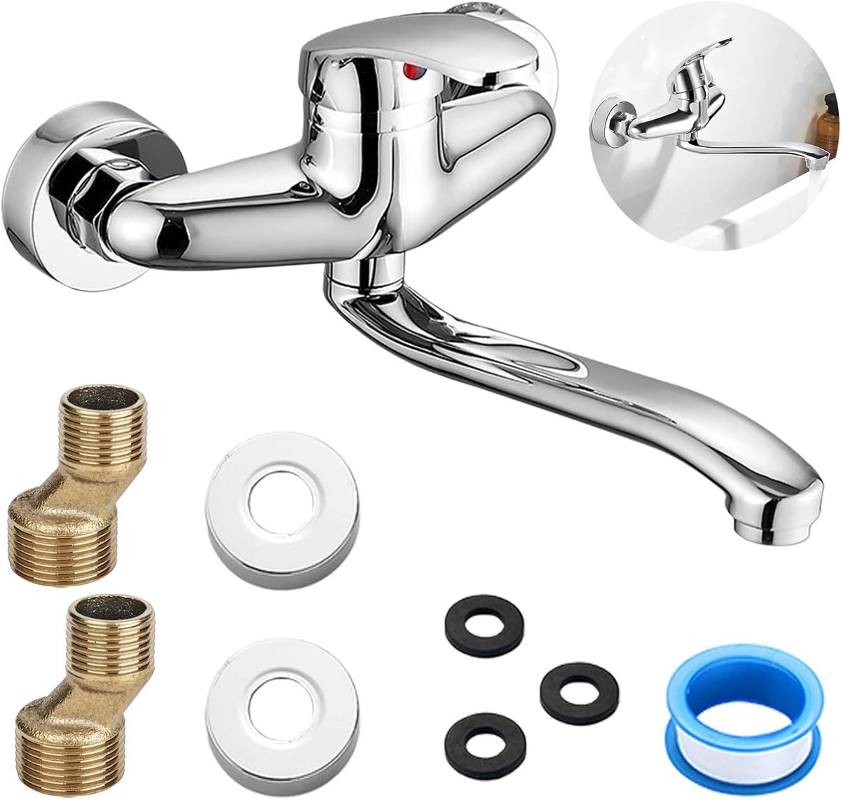 360° swivel water tap kitchen wall fixture 24 cm, single lever mixer cold/hot, basin fittings, kitchen mixer tap, wall - ShopVlot