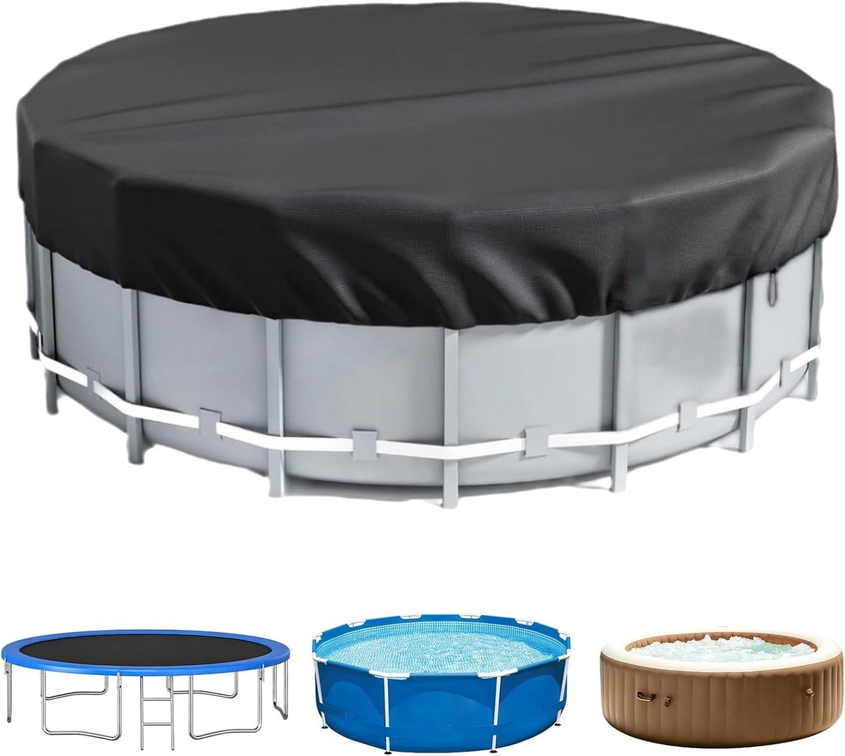 Zwembadafdekking rond (Ø 310 cm), verdikt 420D Oxford zwembad, uv-bestendig, met trekkoord en grondankers - ShopVlot
