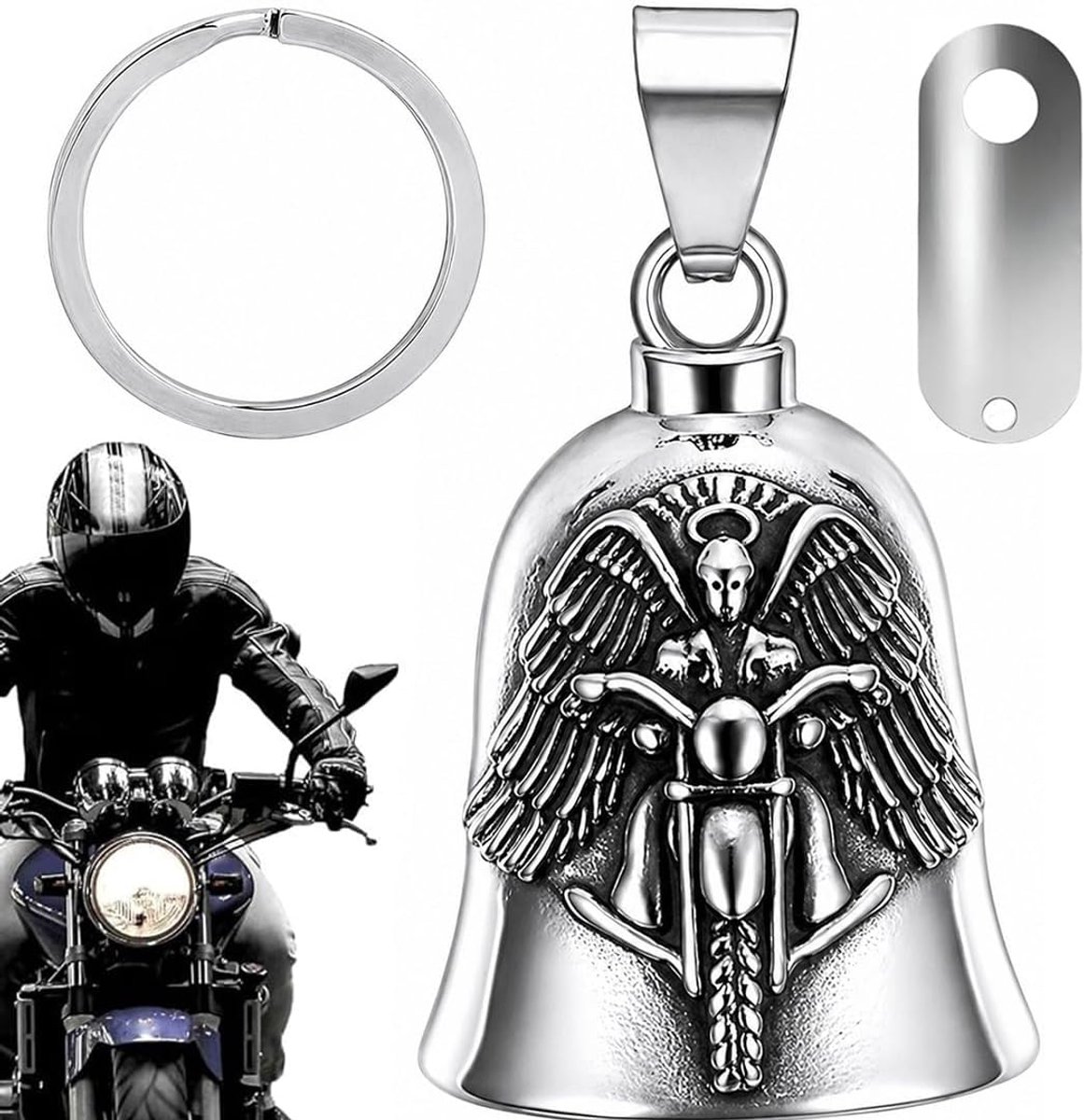 1 stuk roestvrij staal motorfiets in de vorm van beschermengel om op te hangen, bel motorfiets Guardian Ride Bell - ShopVlot