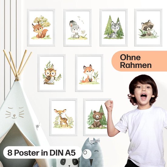 Poster collage schattige bosdieren - 8 x DIN A5 - vrolijke illustraties - perfect voor baby- en kinderkamer - ShopVlot — afbeelding 3