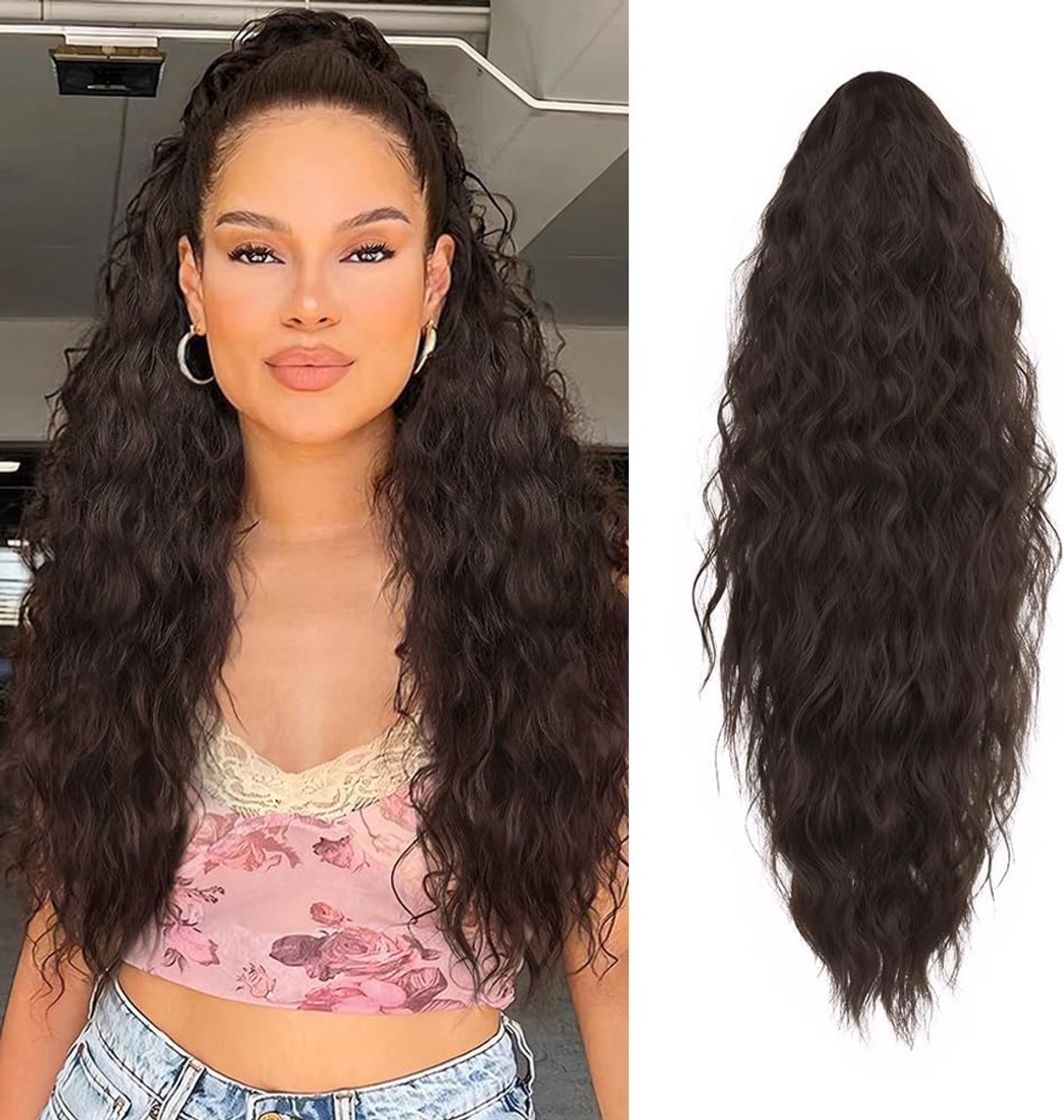 Ponytail extension 26 inch - donkerbruin - krullend haar - elegantere haarclip voor feesten - ShopVlot