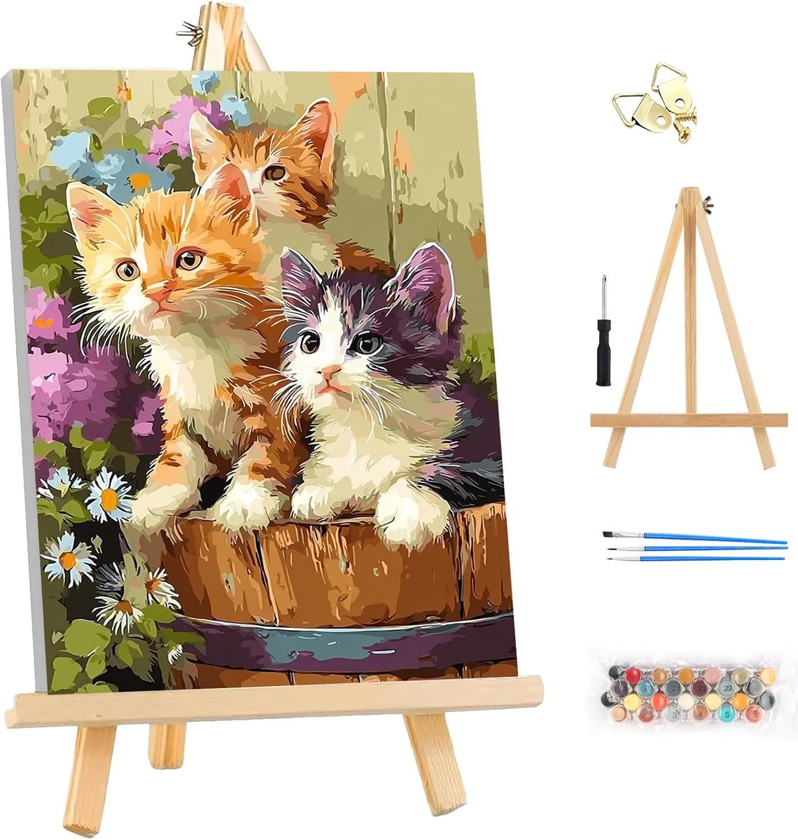 Schilderen op Nummer Kits 25x35cm - Inclusief lijst en houten ezel - Meerdere katten - Perfect voor beginners - ShopVlot