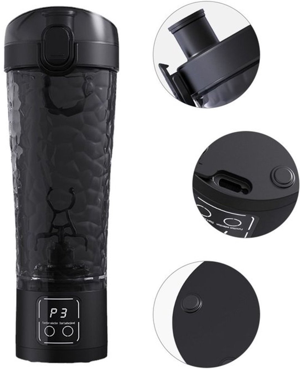 Automatische elektrische blender/shaker voor eiwitpoeder, 700 ml, LCD-display, instelbare snelheid, lekvrij en valbestendig, zwart.