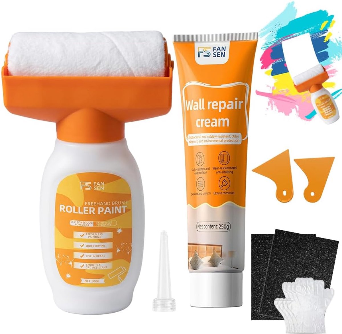 Verfroller voor wandreparaties 500 g - witte verf - met reparatiepasta en handschoenen - ShopVlot