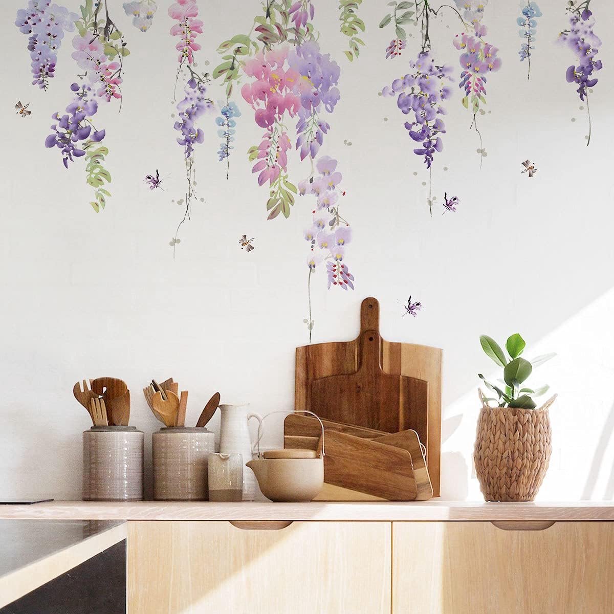 SnelShoppen - Prachtige Paarse Bloemen Muurstickers met Hangende Klimop voor Kinderkamer, Peuter, Woonkamer, Wanddecoratie, Vinyl, Waterproof, Makkeli