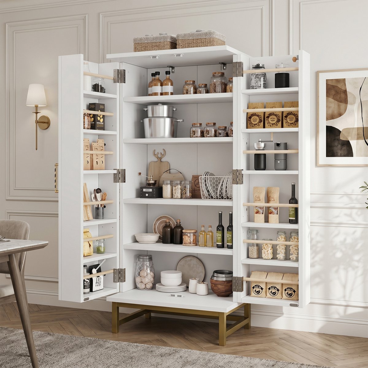 DESMIU Keukenkast - Verstelbare Planken En Deurvakken - Voor Keuken, Eetkamer En Kleine Ruimtes - Spaanplaat - Wit - 60x40x130 Cm