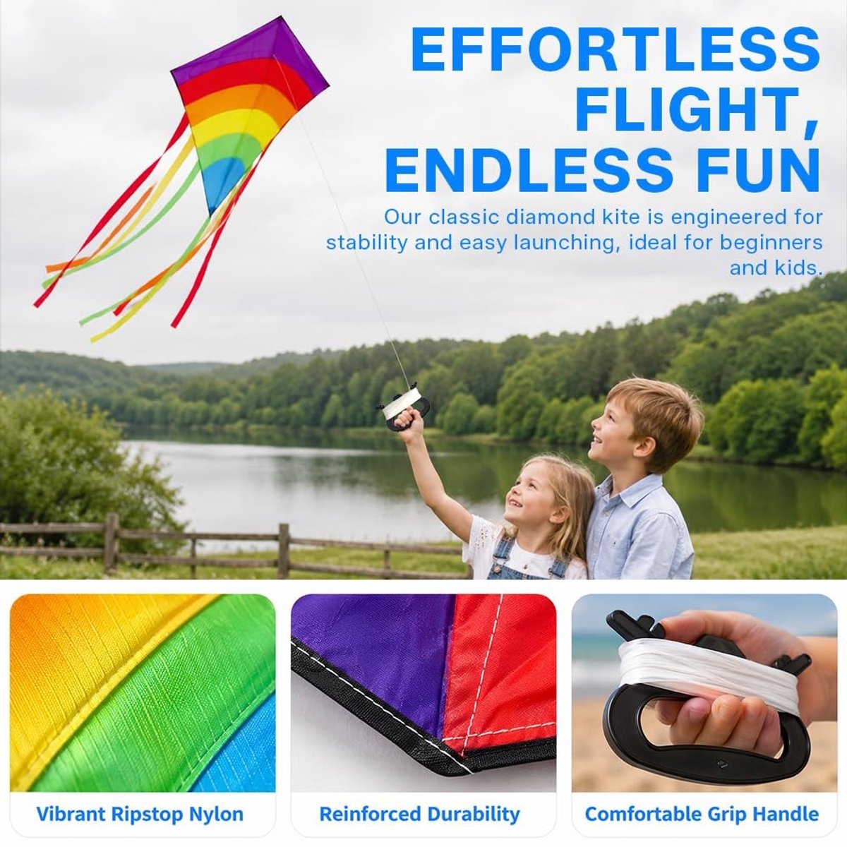 Solidchoice - Kindervlieger met Regenboog Themas, Inclusief 80m Vliegerkoord