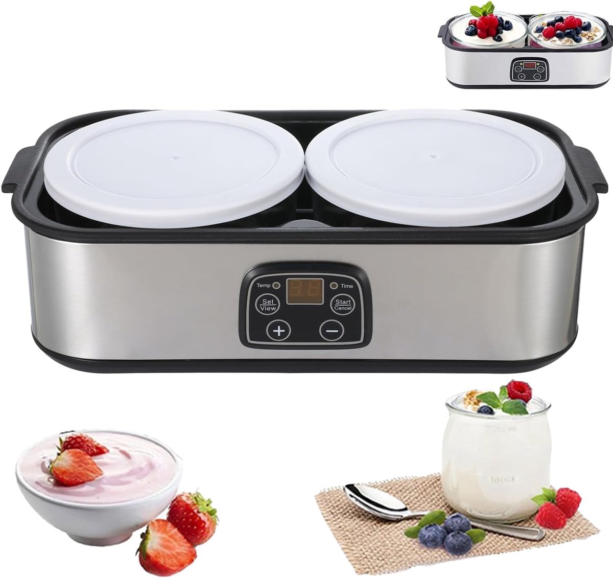 Yoghurtmaker 2 liter - elektrisch - instelbare temperatuur en timer - maak zelf biologische yoghurt - ShopVlot
