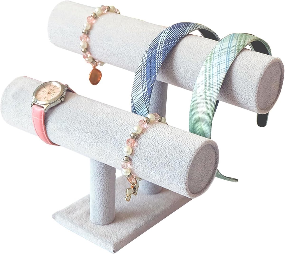 Elegante 2-laagse sieradenstandaard van fluweel voor armbanden, horloges en kettingen - Perfecte display voor accessoires in grijs