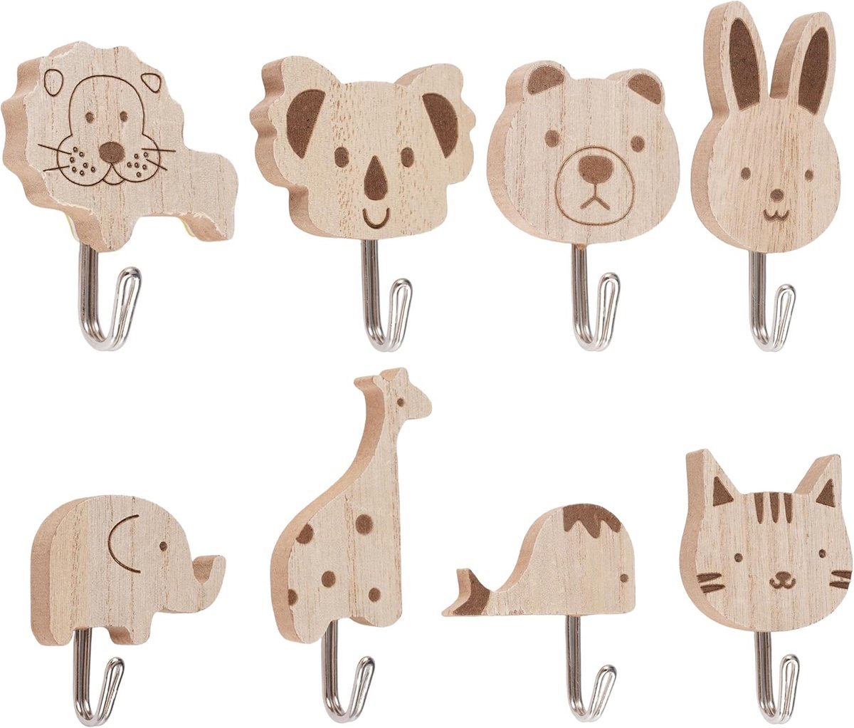 Houten kinderhaken set van 8 - zelfklevend - schattige dieren - vrolijke kinderkamer decoratie - ShopVlot