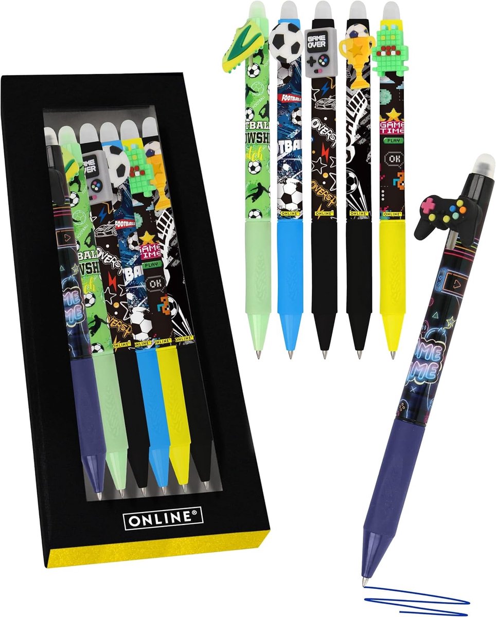 Online magiXX 6 x Erasing Pen Fun Boys I Gel Pen Blue Erasable with 0.7 mm Line Thickness I Rollerball for Learning to - ShopVlot