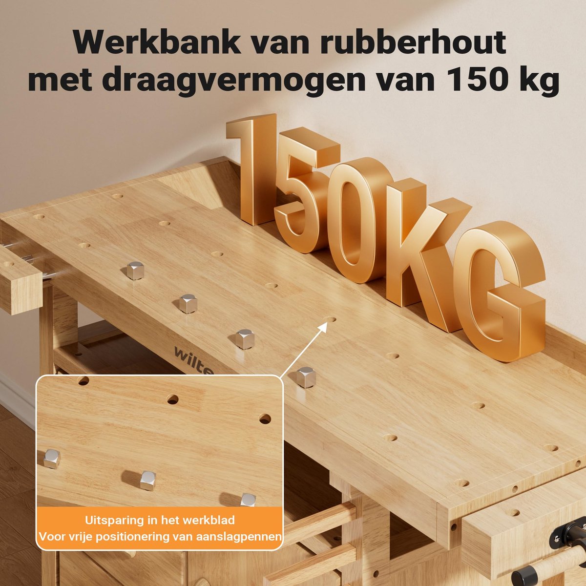 Houten Werkbank 126 x 50 x 84 cm - Professionele Werktafel met Klemmen, Werkbankhaken, Laden en Opbergvakken - Stevige Werkbank voor Klussen, Reparaties en Hobbyprojecten - Praktische Werkplaats Organizer voor Gereedschap en Accessoires