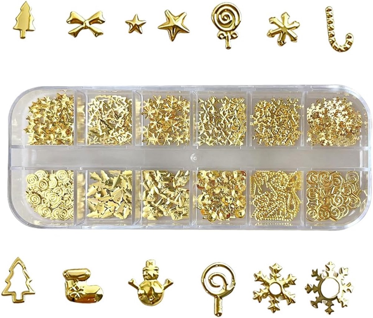 12 raster sneeuwvlok studs nagelbedels goud, nagelbedels kerstversiering - ShopVlot