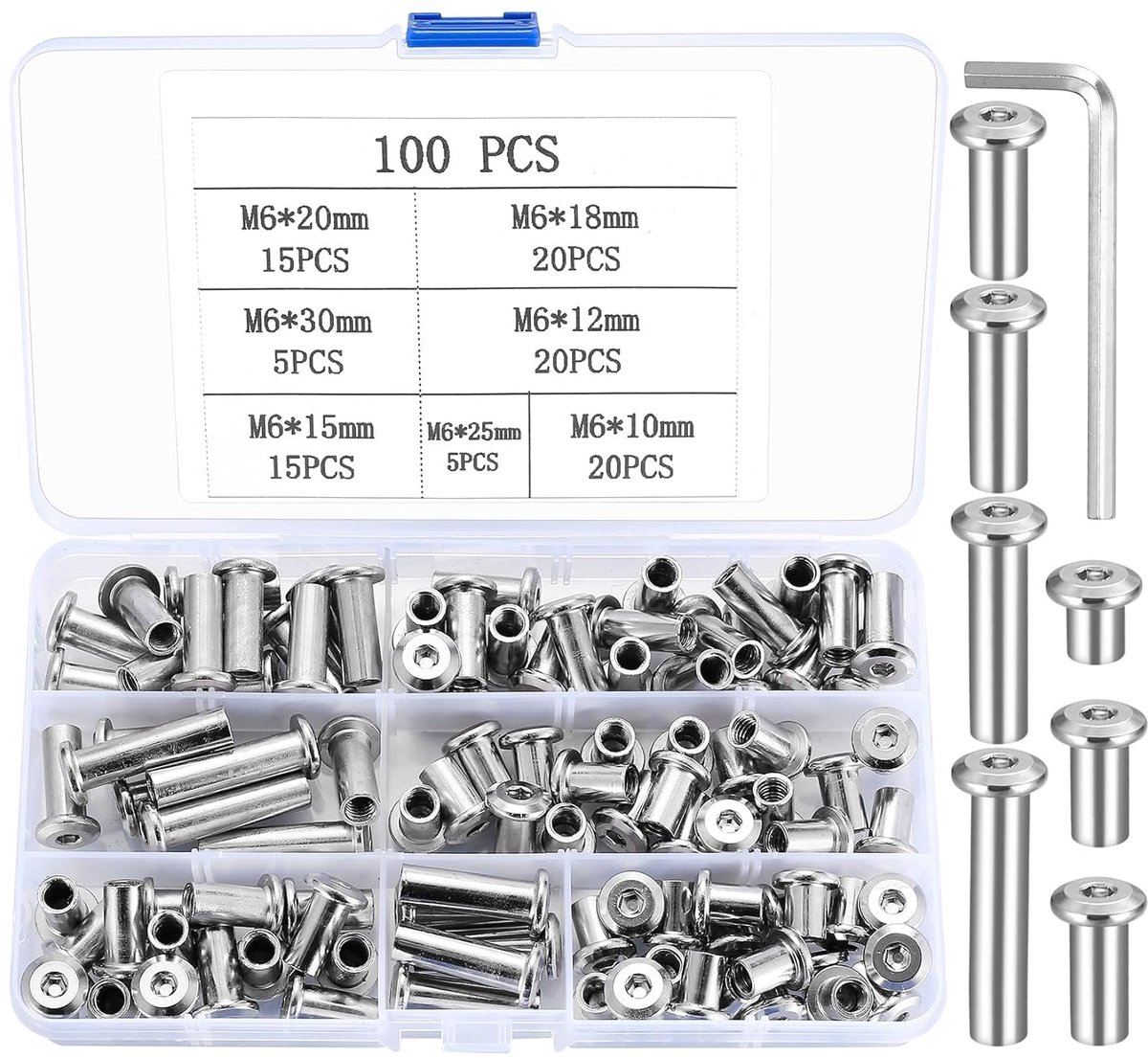 M6 Moussennut, Set of 100 Moussenots, Allen Key Nuts, Furniture Fasten for Furniture Assembly, Sofas, Nickel Plated - ShopVlot