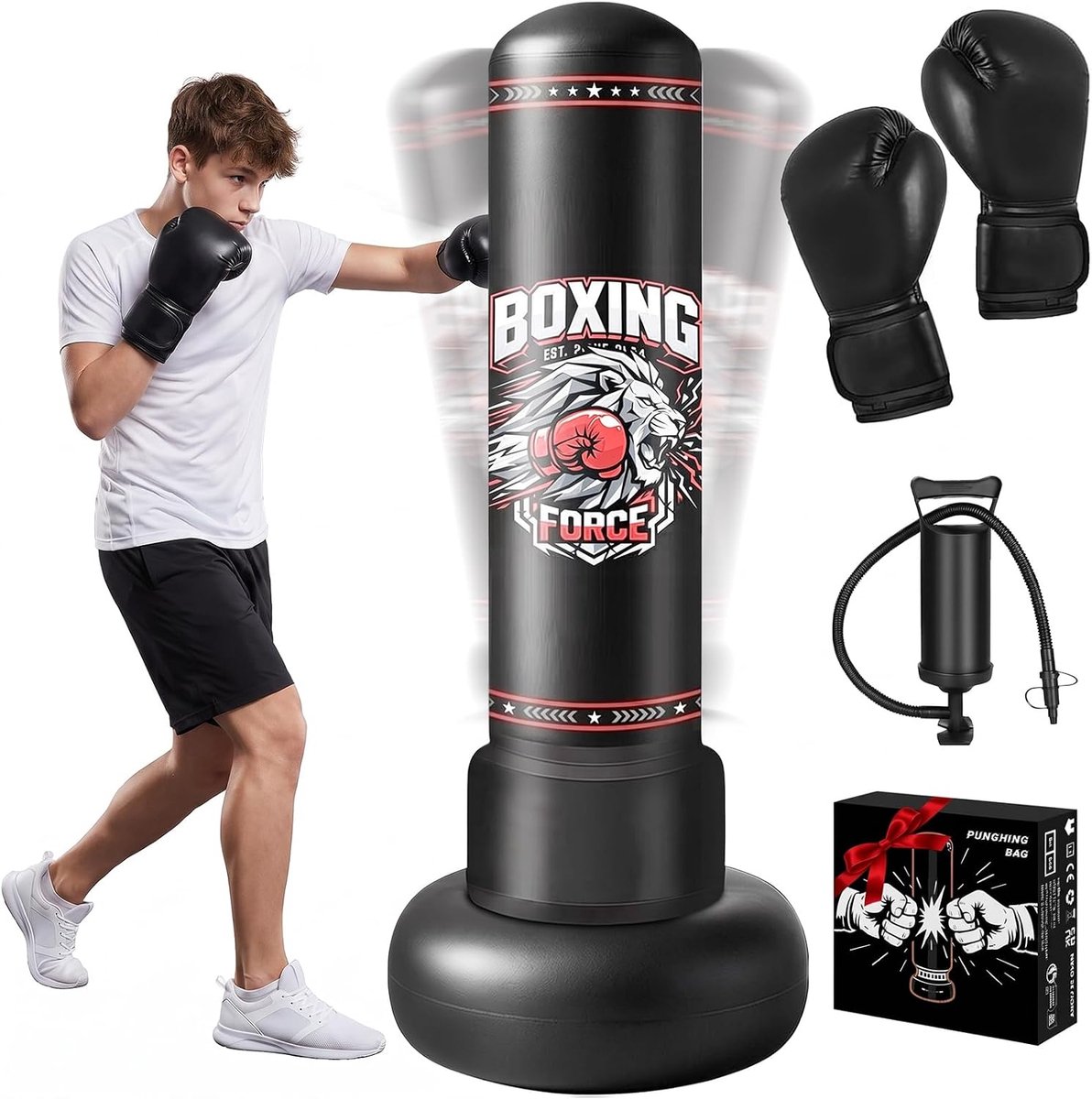 Qoosea Bokszak voor de grond, 170 cm, opblaasbare bokszak voor kinderen, met bokshandschoenen, opblaasbare bokszakken - ShopVlot