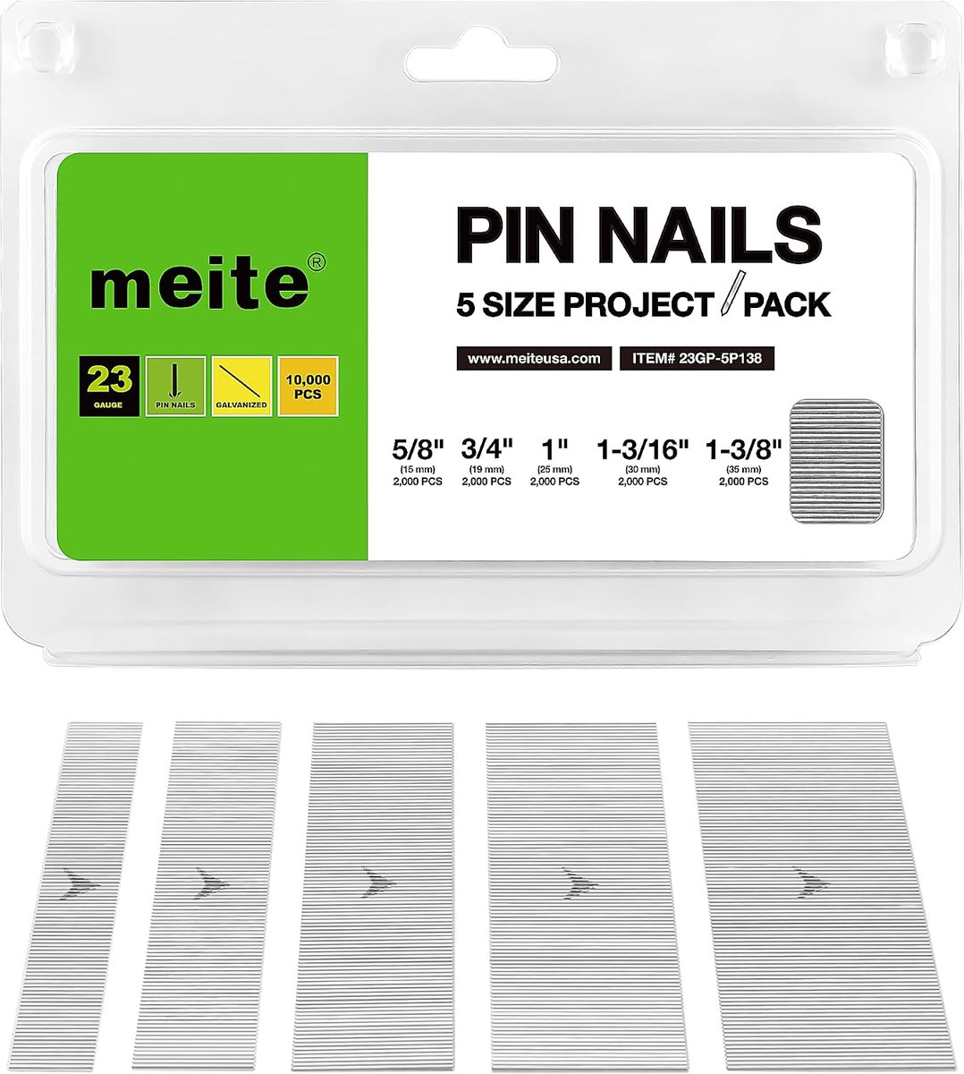 meite 23GA Assortment Pin Nails, 5 Sizes (16mm, 19mm, 25mm, 30mm, 35mm), Micro-Headless Pinnails, Galvanized 23GA - ShopVlot
