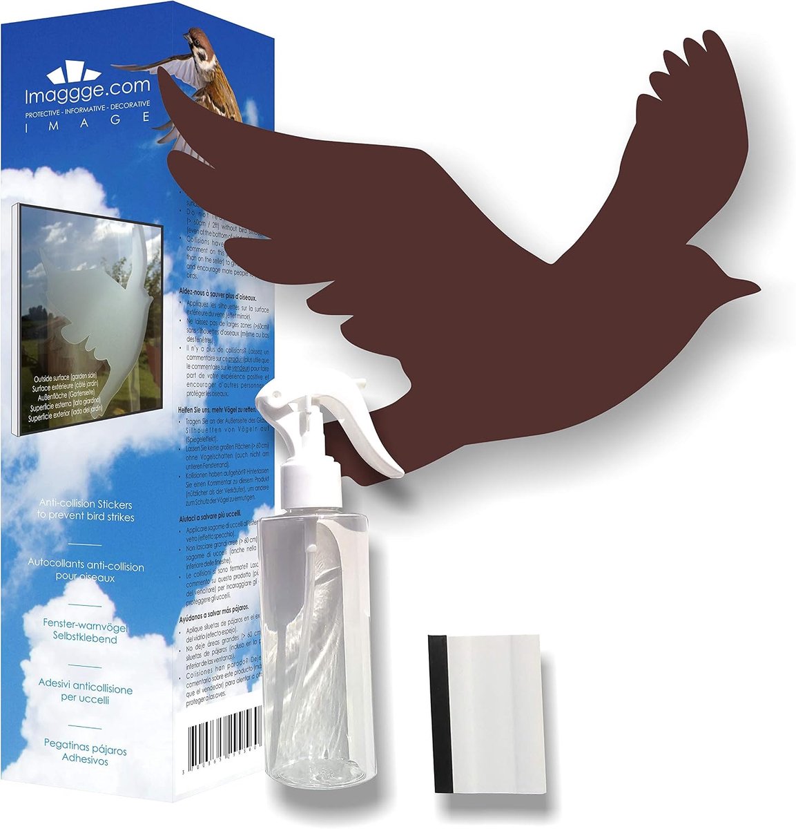 Anti-collision stickers to prevent bird attacks on window glass - set of 22 bird silhouettes, spray and squeegee - ShopVlot