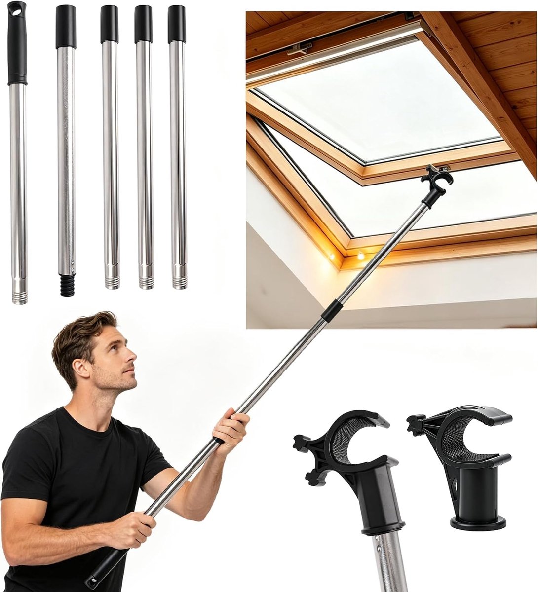 Skylight Control Rod 186cm, Telescopic Window Stick with Hook, Suitable for VELUX Skylight GGL GGU GPL GHL and Blinds - ShopVlot