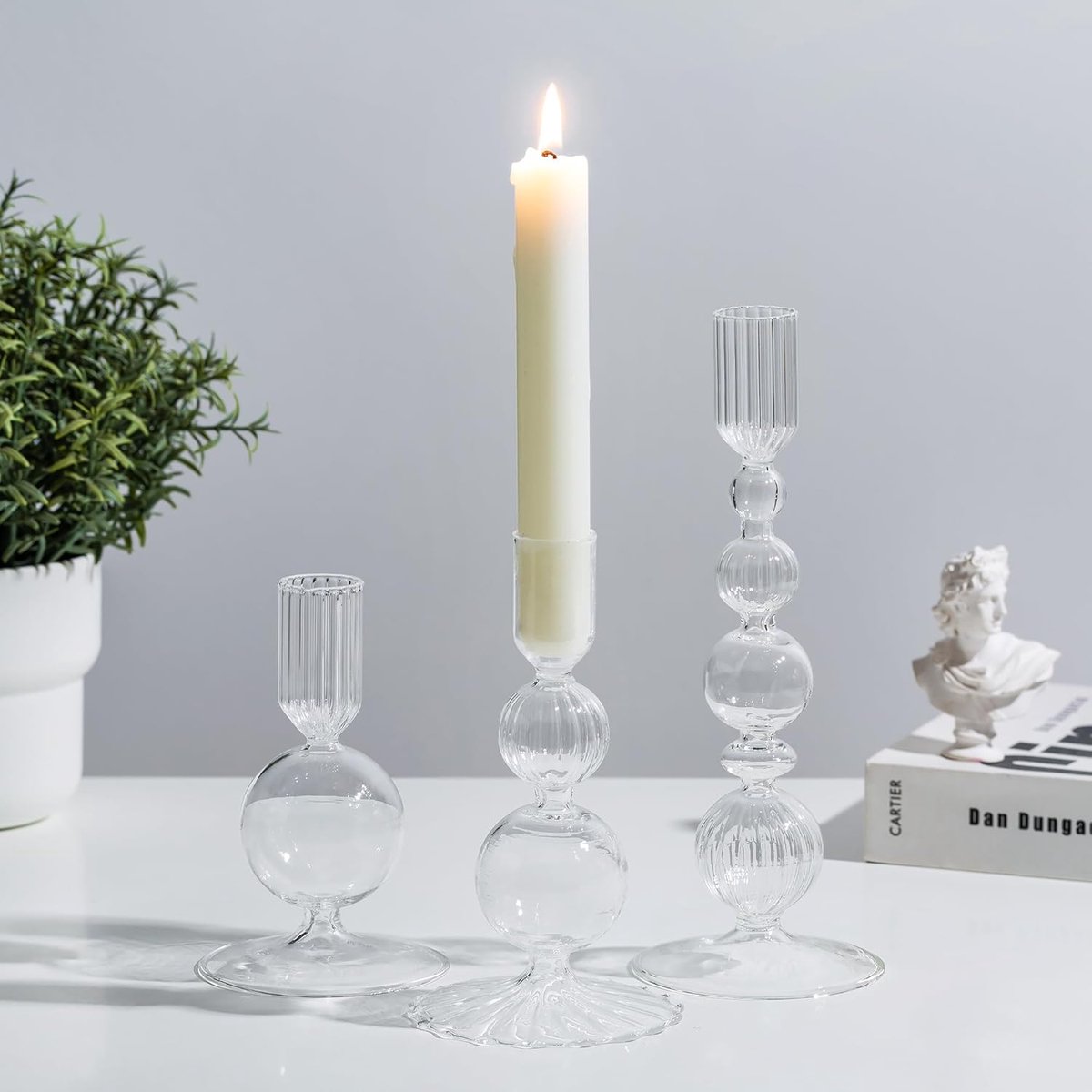 Glasseam Glass Candlesticks Holder: Clear Taper Candle Holder Set of 3 Colored Candlesticks Bubble Candle Holders For - ShopVlot