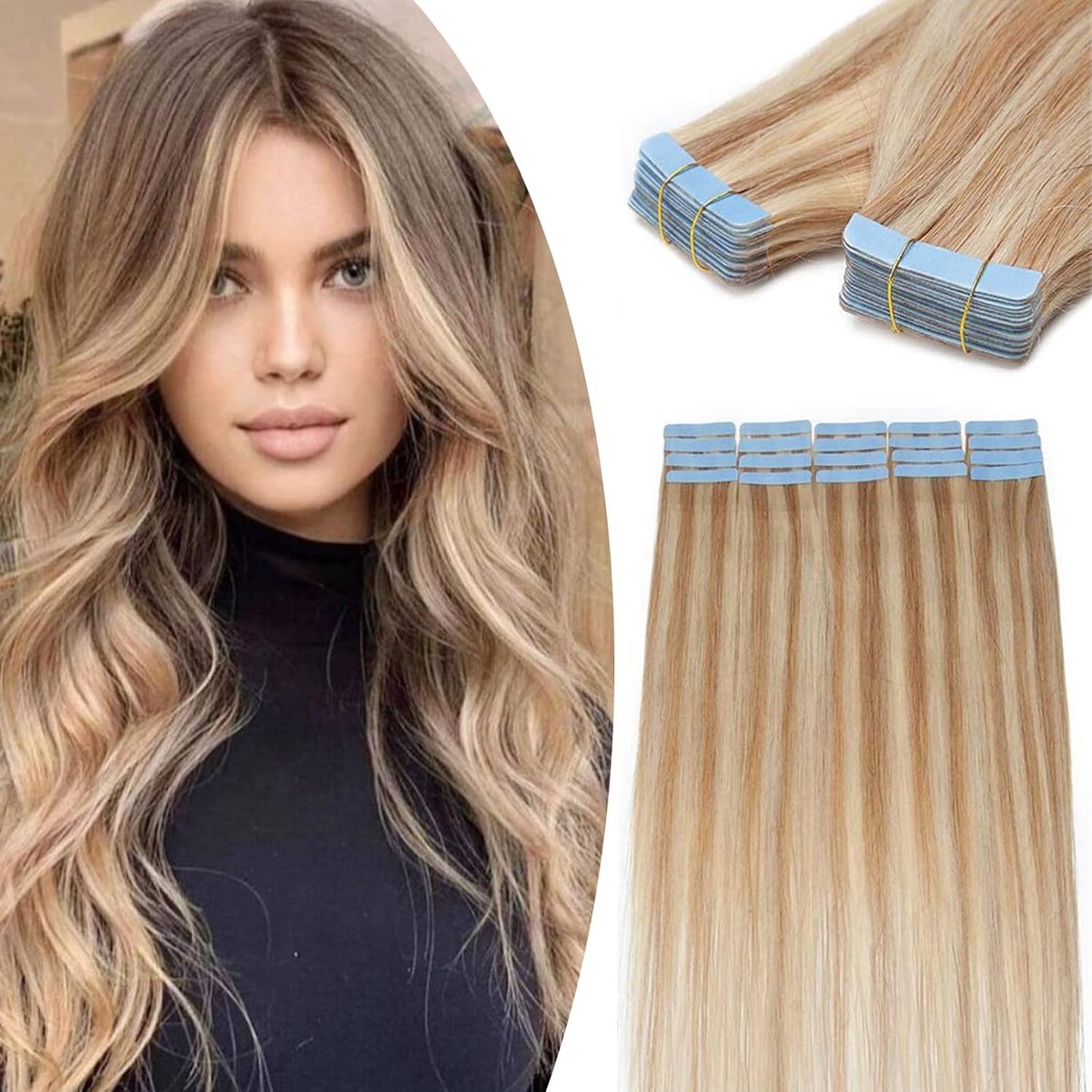 Tape in extensions echthaar 40 pcs - 2.5g/tresse - honey blonde #18p613 - voor een vollere haardos - ShopVlot