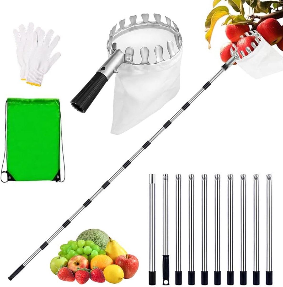 Fruitplukker 4,2 m - telescopische steel - 13-delige set - ideaal voor moeilijk bereikbaar fruit - ShopVlot