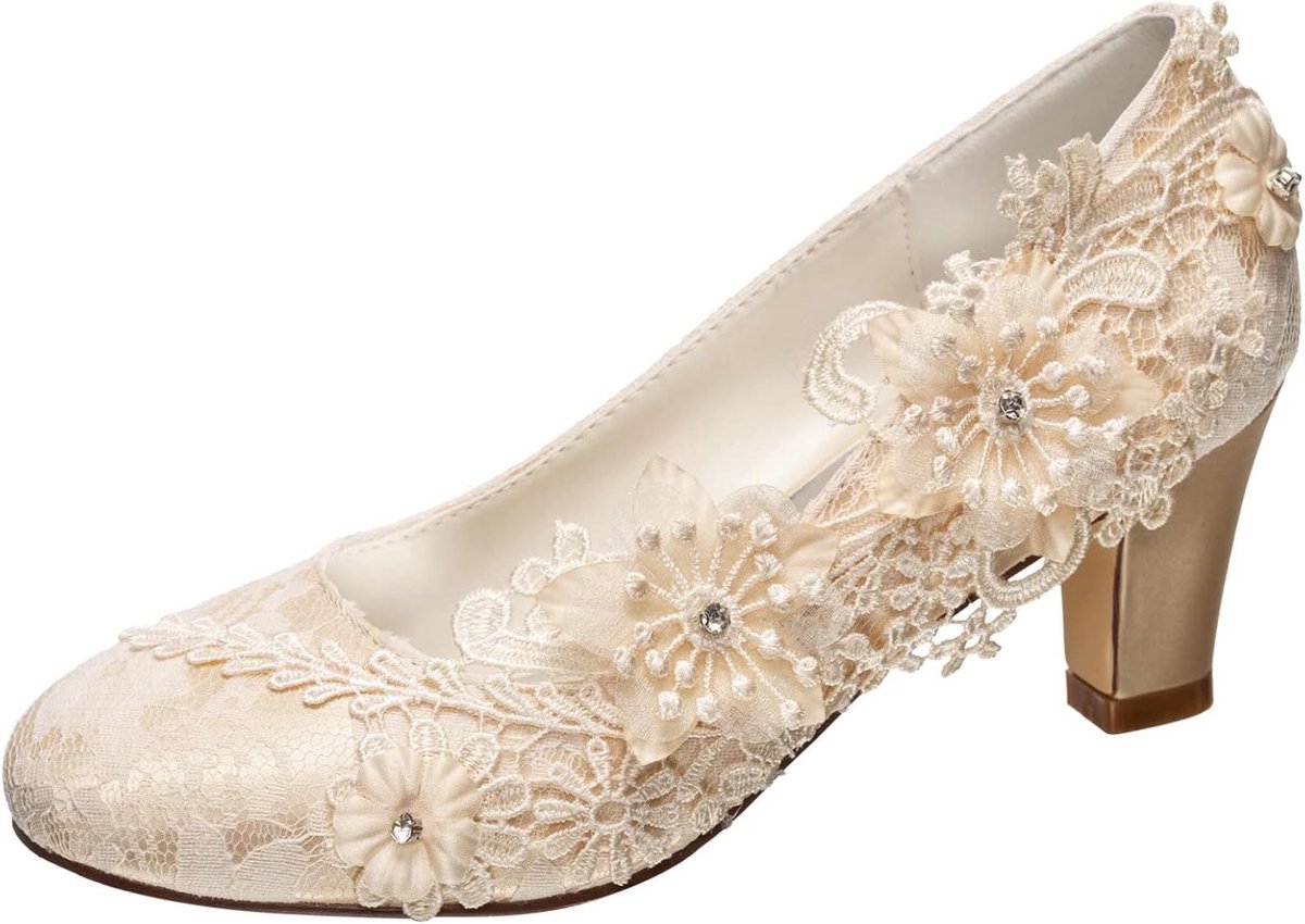1505-1B Women's Wedding Shoes Closed Toe 2.60 Inch Thick Heel Lace Satin Pumps with Rhinestone Lace Flower Bridal Shoes - ShopVlot