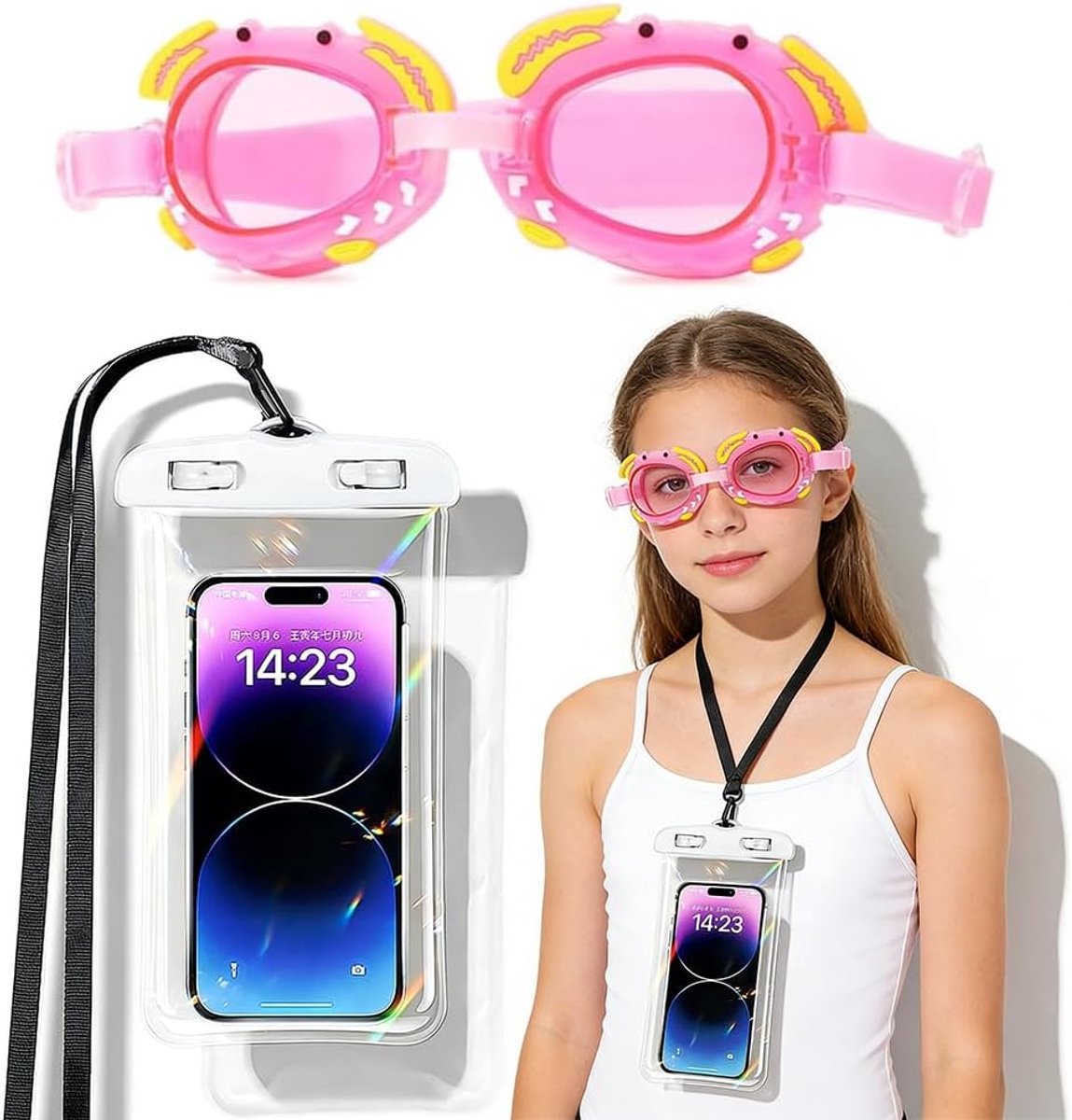 Zwembril voor kinderen, waterdicht telefoonzakje, mistvrije zwembril, jongens-meisje krab zwembril, zwembril voor - ShopVlot
