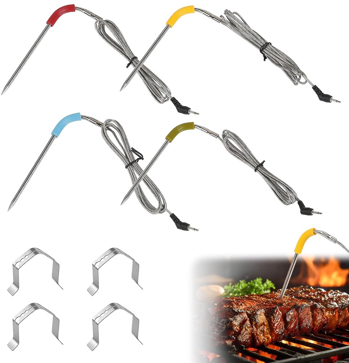 Reservesonde grillthermometer - 4 stuks met houders - Kleurgecodeerd - Voor perfecte garing - ShopVlot