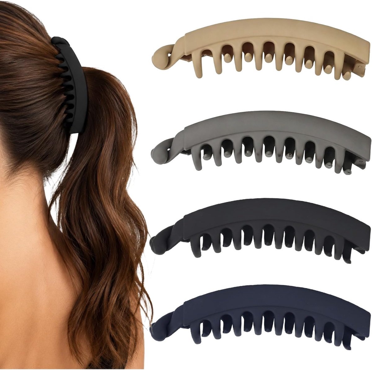 Banaanhaarklemmen set 4-delig - mat zwart, bruin, khaki, donkerblauw - antislip grip - snel kapsel vormen - ShopVlot