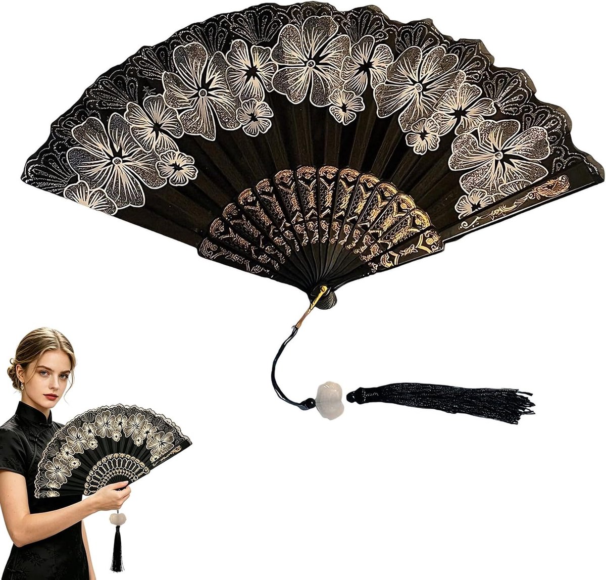 Opvouwbare handwaaier - vintage zwart - kant en bamboe - ideaal voor bruiloften - ShopVlot