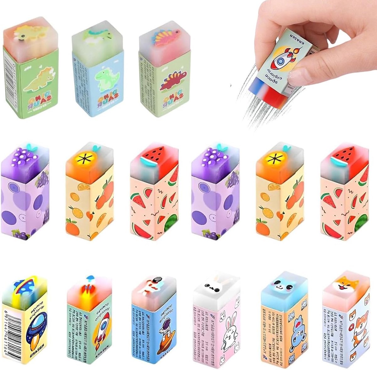 Gumset 15 stuks - schattige cartoonmotieven - fruit/dinosaurus/ruimte/dieren - ideaal voor school en verjaardagen - ShopVlot