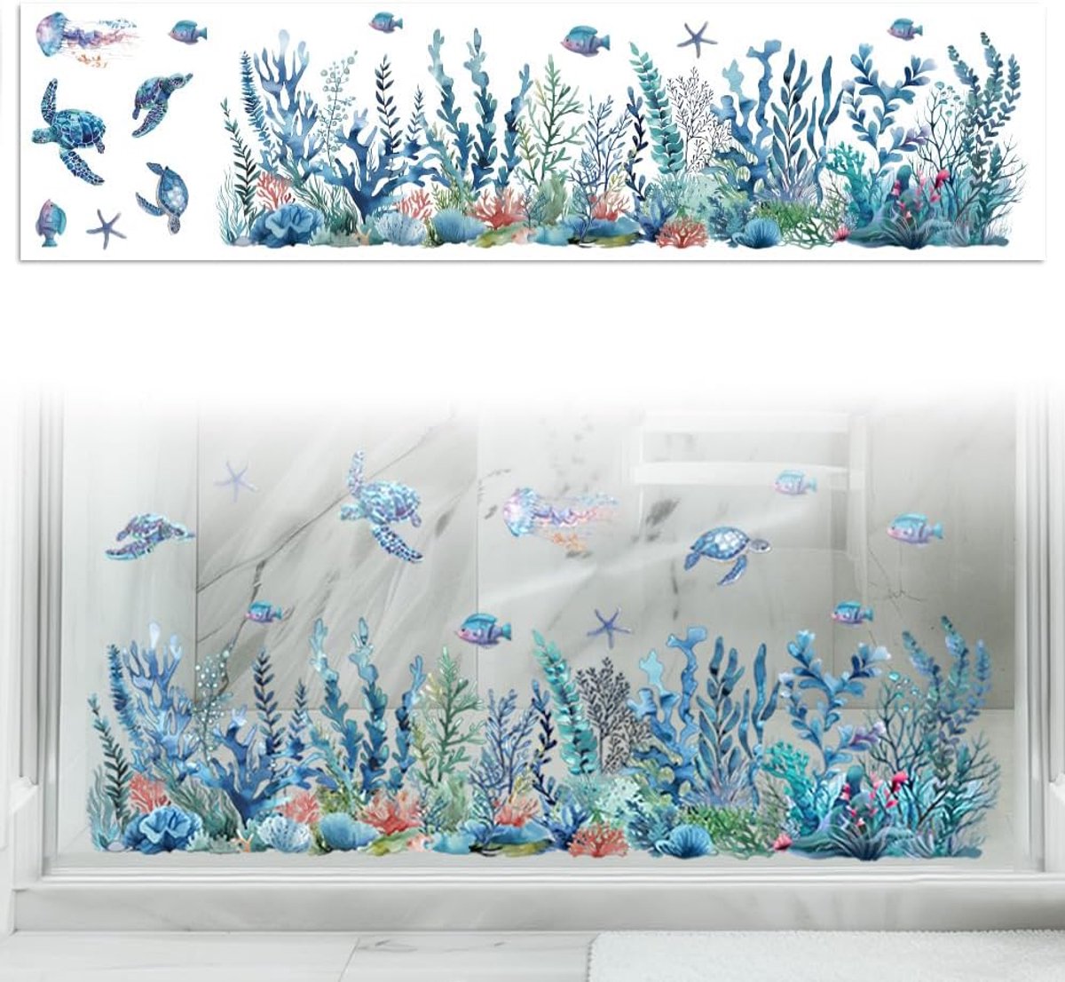 Raamstickers 120cm x 30cm - Coral en vissen patronen - Decoratieve statische stickers - Eenvoudig aan te brengen - ShopVlot