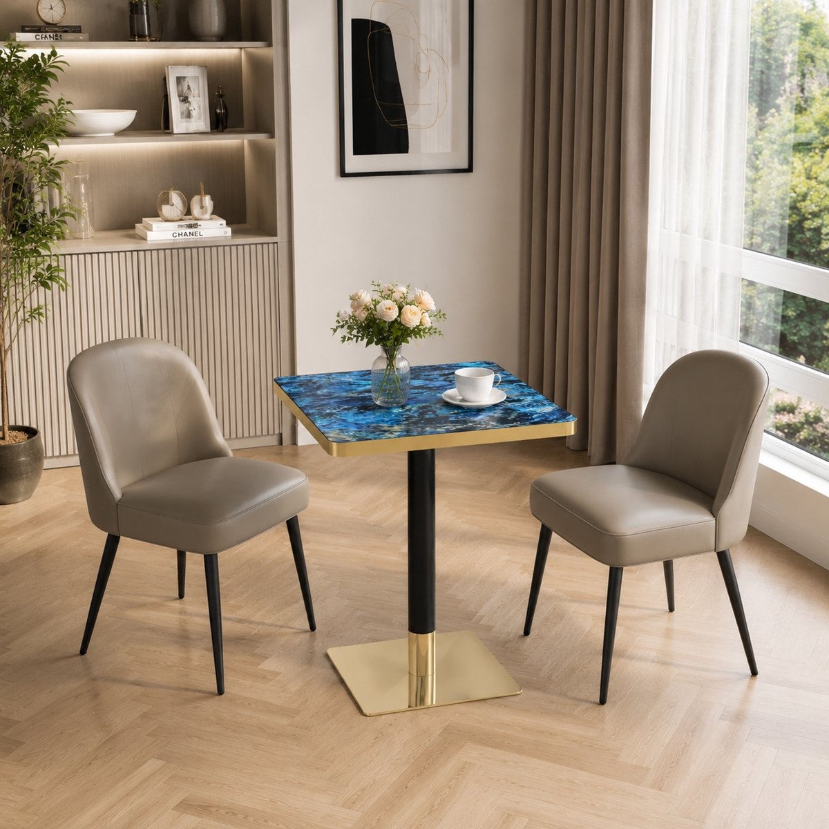 MIVRAY Eettafel - Vierkante Tafel Met Marmerlook En Gouden Rand - Voor Eethoek Bistro Of Cafe - Hout En Metaal - 60x60x74 Cm - Blauw