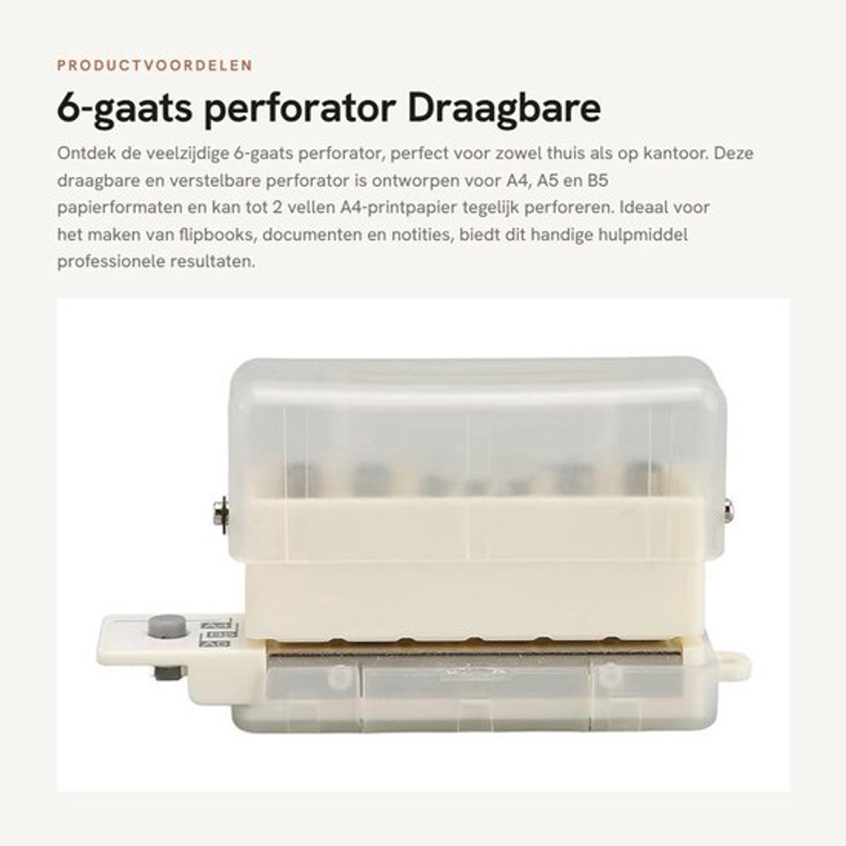 Papierperforator Draagbaar - 6-gaats Perforator - Verstelbaar - Met Chip-Verzamelbox - Geschikt voor A4/A5/B5 - Stans tot 2 Vellen - Papierpons